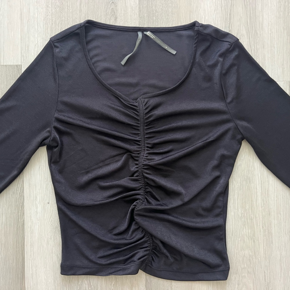 Anthropologie Black Ruched Fitted Blouse